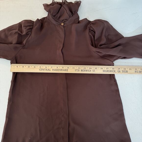 Vintage Augie Ruffle Neck Sheer Button Up Blouse S/M* Chocolate Brown Victorian - Picture 9 of 12